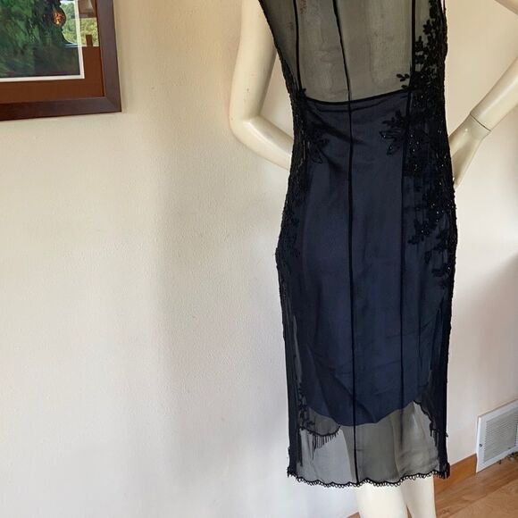 TAHARI Dress sheer sleeveless beaded silk black with grey slip two piece size 2 - Picture 8 of 16